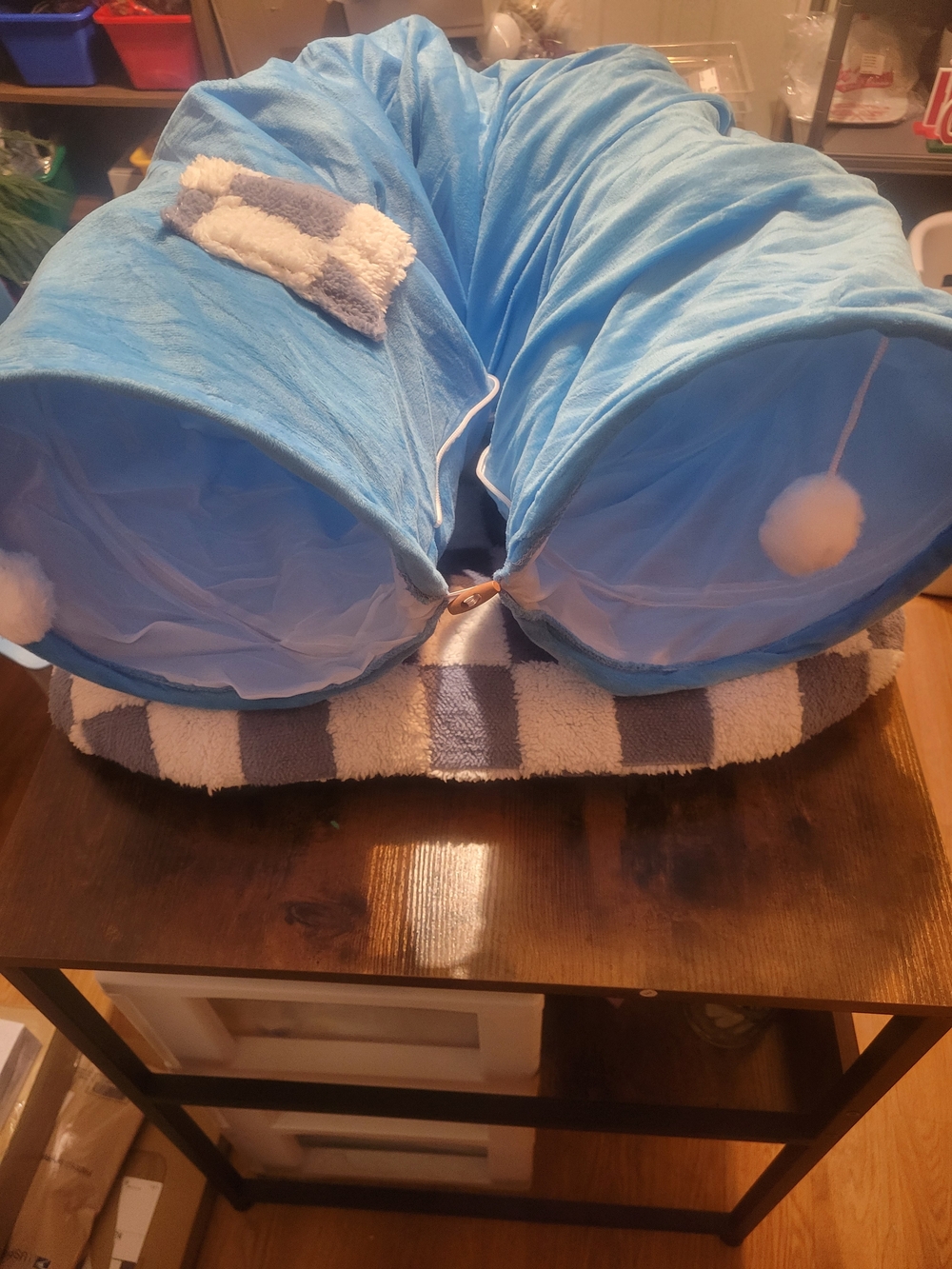 Plush Light Blue Foldable Pet Tunnel with Pom-Pom Toy